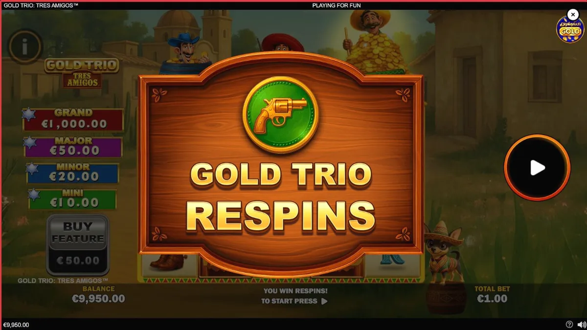 Tampilan visual slot Gold Trio: Tres Amigos dengan tema fiesta Meksiko yang meriah.